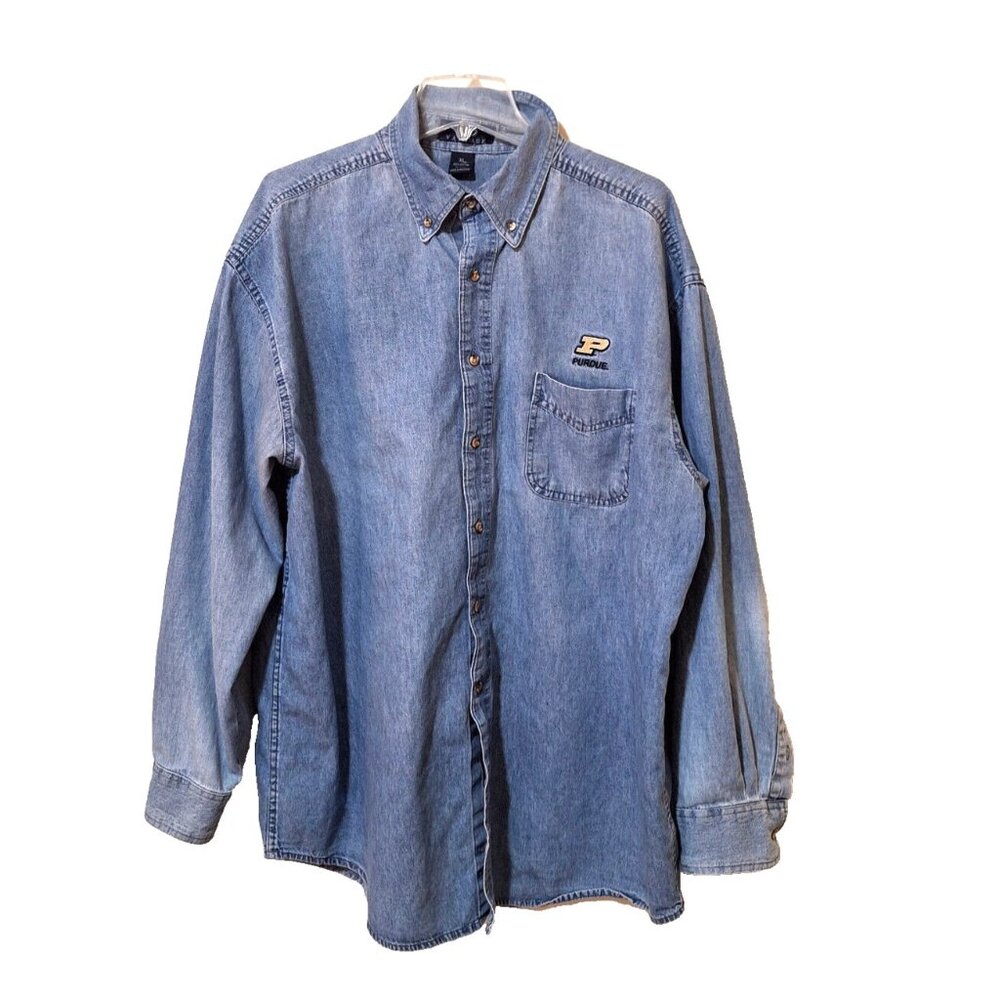 Vantage Shirt Mens XL Denim Blue Light Wash Front Button, Purdue U Logo
